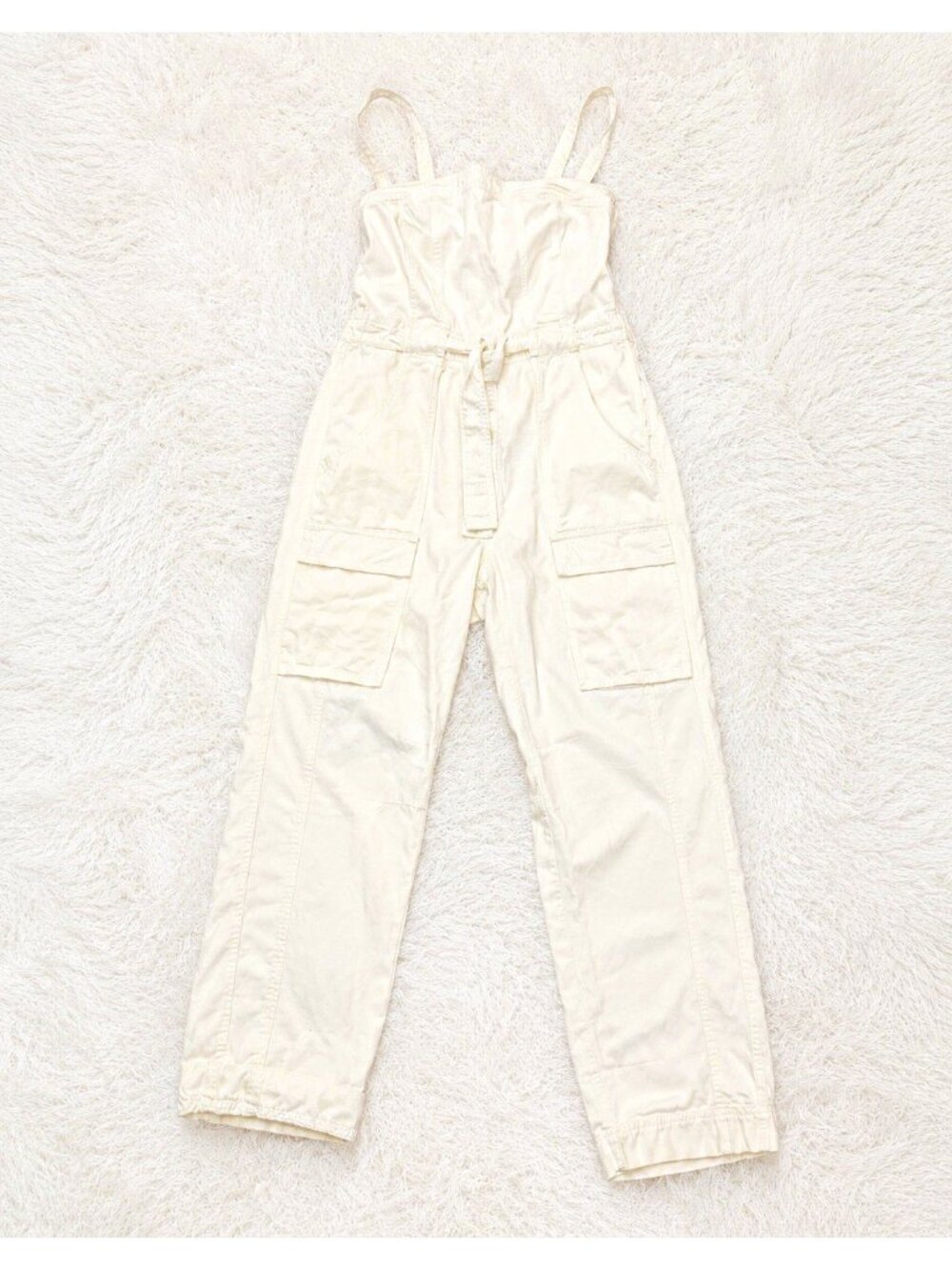 Free People White Cotton Jumpsuit L Pockets Strappy Back Square Neck